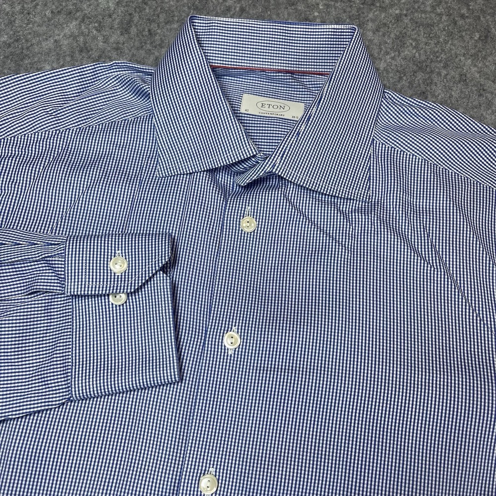 Eton Contemporary Dress Shirt Men 42-16.5 Micro Check Blue Button Up Long Sleeve